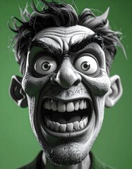 Dramatic Black White 3D Render Cartoon Wallpaper Extreme CloseUp Terrifying Caricatures facial expression crazy movement,