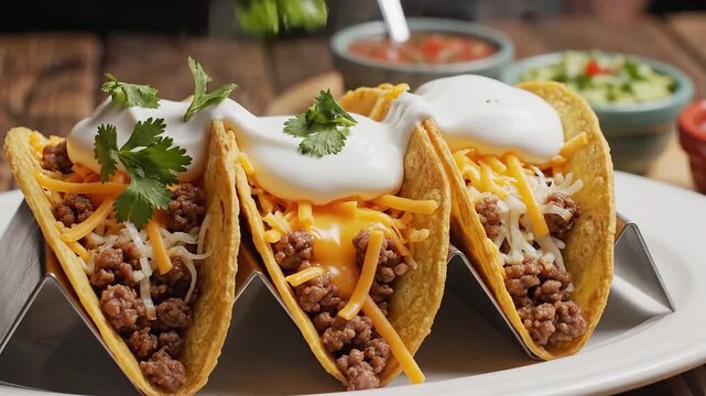 Delicious Hard Shell Tacos with Ground Beef Cheese and Sour Cream on a White Plate.