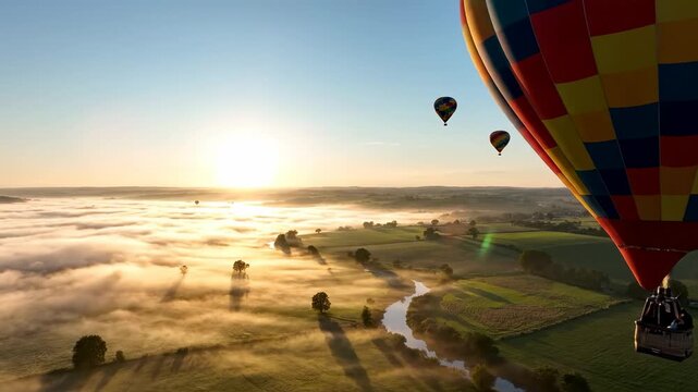 Colorful hot air balloons soar over serene landscapes at sunrise. embrace the tranquility and adventure of aerial journeys above rolling hills and misty fields.