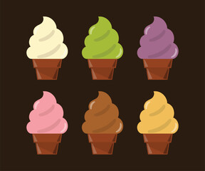 Cute Colorful Ice Cream Cone Collection on Dark Background. Vector Illustration.