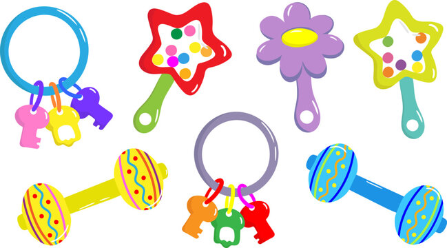 children's rattles toy keys vector isolated set colorful baby toys for newborn development star flower dumbbell key shaped rattles with rings