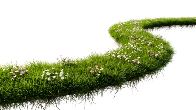 Winding path of vibrant green grass and delicate white flowers.
