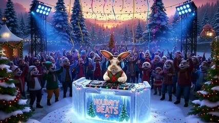 Festive holiday party with rabbit DJ spinning tunes for a joyful crowd under colorful lights
