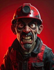 Intensely dramatic 3D render menacing cartoon worker character scary expressions terrifying movements, shot 85mm