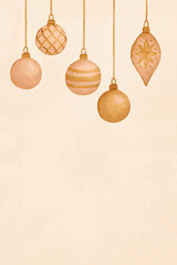 Watercolor Hanging Christmas Ornaments Illustration in Soft Ros&eacute; Gold Tones. Vector illustration on vertical card with space for text.