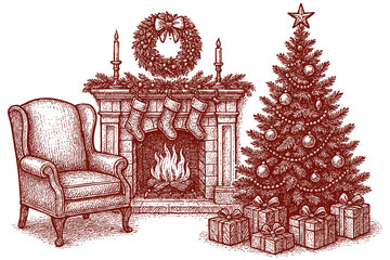 Christmas living room line art sketch illustration with fireplace, Christmas tree, presents, and an armchair, ornaments and decorations