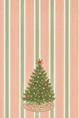 Christmas Tree Illustration with Vintage Striped Background. Vector illustration on vertical card with space for text. Rose and green vintage style. 
