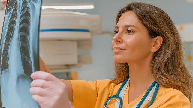 Professional female doctor examining a chest x-ray in a hospital. Woman radiologist analyzing a lung scan in a modern clinic. Healthcare and medical diagnosis concept