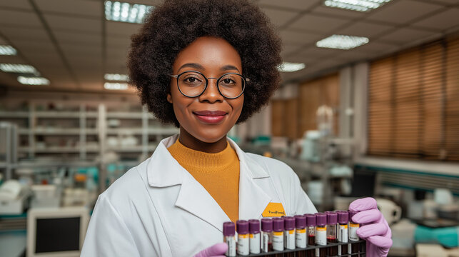 Portrait of a smiling African American female scientist in a laboratory. Medical researcher holding test tubes with blood samples for analysis. Science and healthcare concept