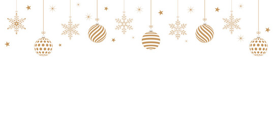 Christmas card banner made of golden snowflakes and Christmas balls.  Vector illustration.