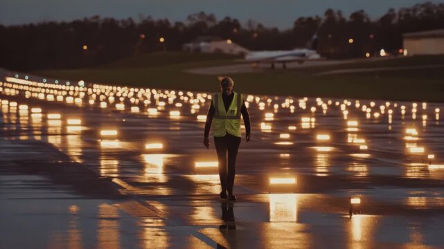 Technician examining LED runway lights at dusk ensuring optimal brightness and alignment for secure nighttime aviation operations.