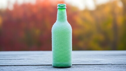 Frosted green glass bottle standing on wooden surface outdoors