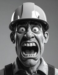 Extreme CloseUp shot cartoon worker caricatures terrifying facial expressions movements highly dramatic 3D