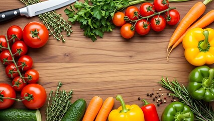Fresh vegetables and herbs arranged on a wooden cutting board