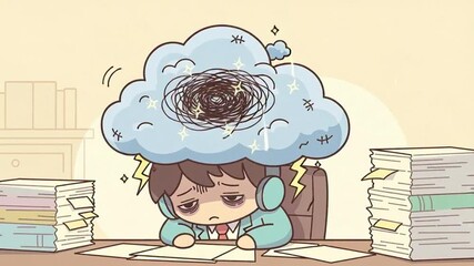 Stressed worker overloaded with work and fatigue, animation shows mental health challenges and burnout