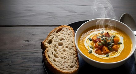 Steaming pumpkin soup with fresh sourdough bread served on a dark wooden table for a hearty winter meal concept and healthy comfort food