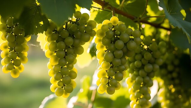 Sunlit bunches of ripe green grapes hanging on a vine