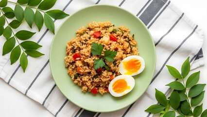 Healthy bulgur wheat salad with fresh herbs and soft boiled eggs
