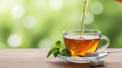 Hot tea being poured into a glass cup with mint and sugar cubes