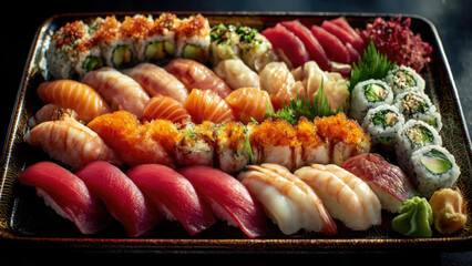 A diverse platter of fresh sushi and sashimi, featuring various nigiri, maki rolls, and tuna slices, beautifully arranged for a delicious Japanese meal.
