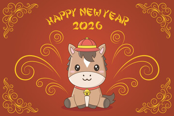 2026 Chinese new year of the horse greeting card on red background