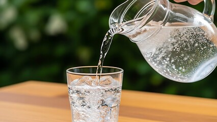 Pouring refreshing cold water from a glass pitcher into a tall glass