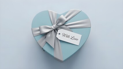 Minimalist Top View Heart Shaped Gift Box Mockup with Silver Ribbon and "With Love" Tag