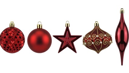 Collection of five different shiny red Christmas ornaments isolated on white background