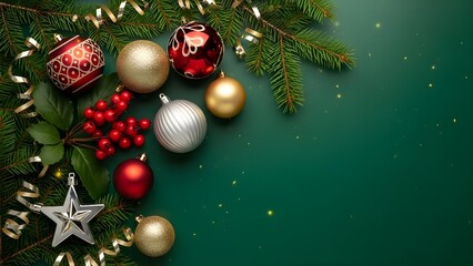 Festive Christmas Holiday Background with Pine Branches, Ornaments, Red Berries, and Copy Space on Dark Green Surface