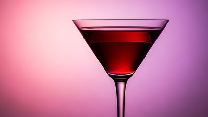 A single martini glass filled with red liquid against a pink and purple gradient background