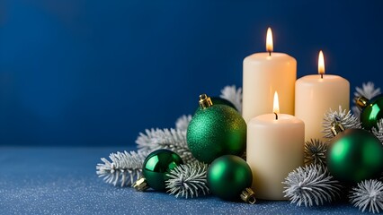 Holiday Christmas Scene with Three Burning White Candles and Green Ornaments on Deep Blue Background