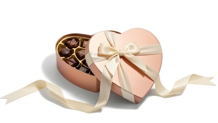 Minimalist Product Shot of Open Rose Gold Heart Box of Chocolates with Trailing Ribbon