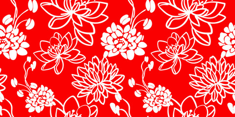 seamless pattern traditional japanese floral motif bright red background white line art flowers asian inspired design