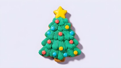 Isolated Christmas Tree Cookie with Green Icing, Colorful Ornaments, and Yellow Star