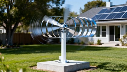Medium shot capturing the sleek blades of a horizontal axis wind turbine in a backyard highlighting efficient harnessing of wind for home energy needs.