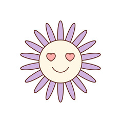 Groovy retro cartoon flower sticker with happy smile and pink heart face. Cute y2k groovy element creates fun, positive, youthful accent in playful pop style for cheerful decorative designs.