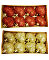 Golden and burgundy Christmas tree ball in the shape of a heart isolated