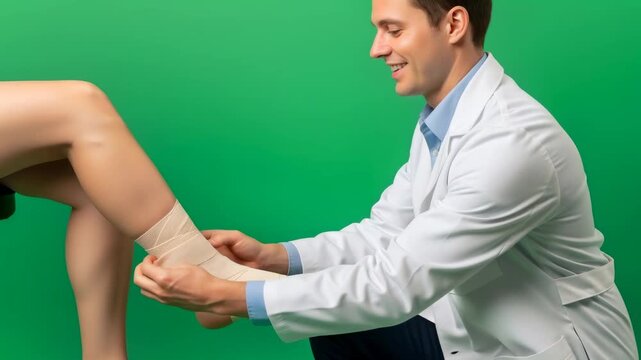 Caucasian man applying elastic bandage to woman ankle. Medical professional concept with patient leg on green background for chroma key.