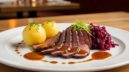 Gastronomic Delight: An exquisitely plated meal features tender meat, vibrant sides, and savory sauce, embodying culinary artistry and inviting dining