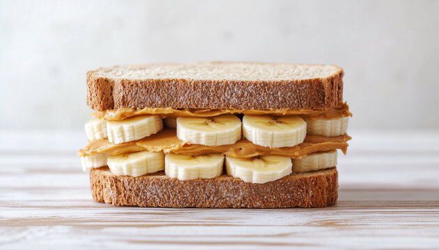 Sandwich with peanut butter and banana on white wooden table