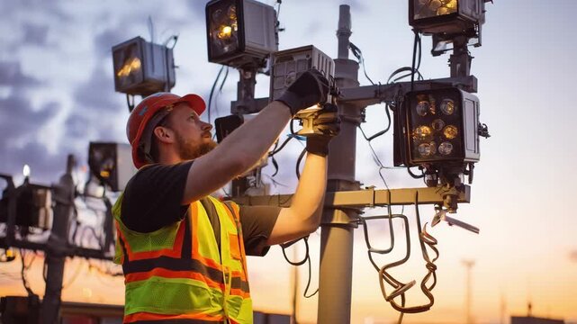 Worker assessing electrical connections and functionality of diverse runway lighting types to maintain reliable safety standards after sunset.