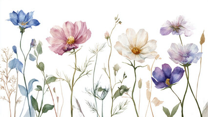 A beautiful watercolor illustration of delicate wildflowers in various shades of blue, pink, white, and purple against a pristine white background.