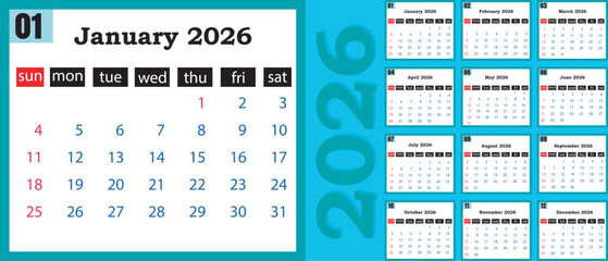 2026 Calendar Template – Colorful Monthly Planner Grid Vector Design 1