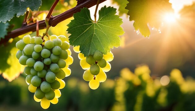 a close up view of dewy green grapes hanging gracefully on a vine illuminated by warm sunlight creating a serene and fresh atmosphere - Powered by Adobe