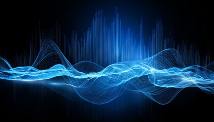mysterious abstract blue sound wave visualization dynamic waveform showing audio frequency on dark technology background representing futuristic flow of data