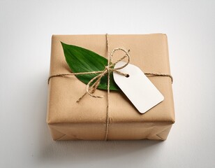 thoughtful natural gift box present wrapped in rustic brown paper with blank tag gentle composition with green leaf detail on white background for warm celebration