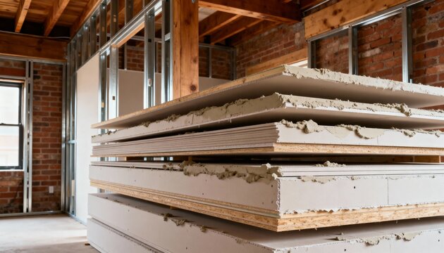 Medium shot capturing multilayered firerated drywall installation in a loftstyle space emphasizing layered protection and structural durability