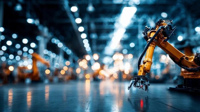Robotic arm seamlessly maneuvering wires in a hightech indoor manufacturing setting emphasizing speed and accuracy in automated wiring processes.