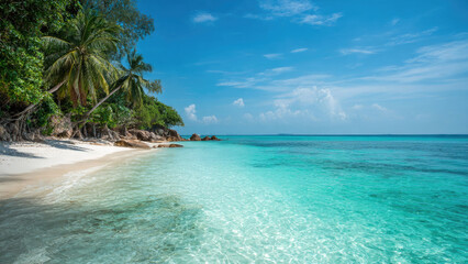 Fototapeta premium Breathtaking tropical beach scene: crystal-clear turquoise waters, pristine white sand, lush palm trees, and vibrant blue sky. An inviting paradise.