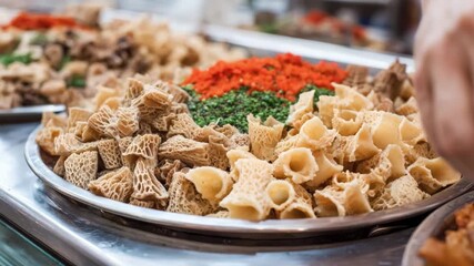 Varied selection of tripe displayed in a metal tray with vibrant garnishes showcasing the unique texture of this offcut in a market stall.